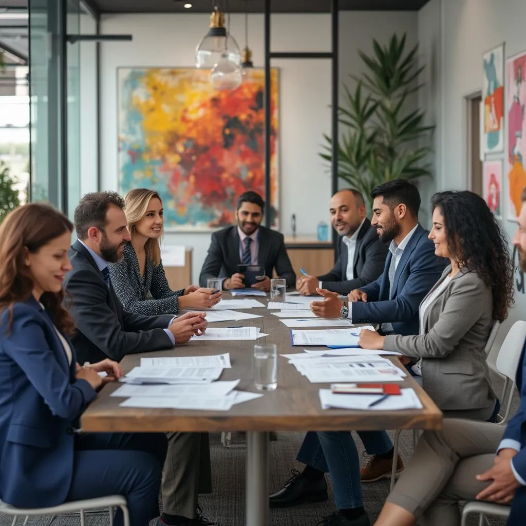 Equipo de consultores financieros en una reunión estratégica